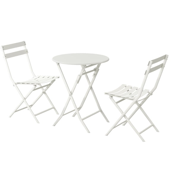 3-Piece White Metal Folding Patio Bistro Set with Round Table & 2 Chairs - Durable, Rust-Resistant, Space-Saving Outdoor Furniture for Balcony & Garden
