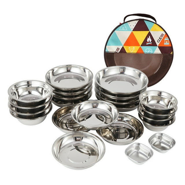 Bearachild Juego de vajilla de 22 piezas con bolsa de almacenamiento, placas de acero inoxidable resistentes al desgaste, herramientas de cocina redondas Cocina y Comedor Bearachild HA066375-00