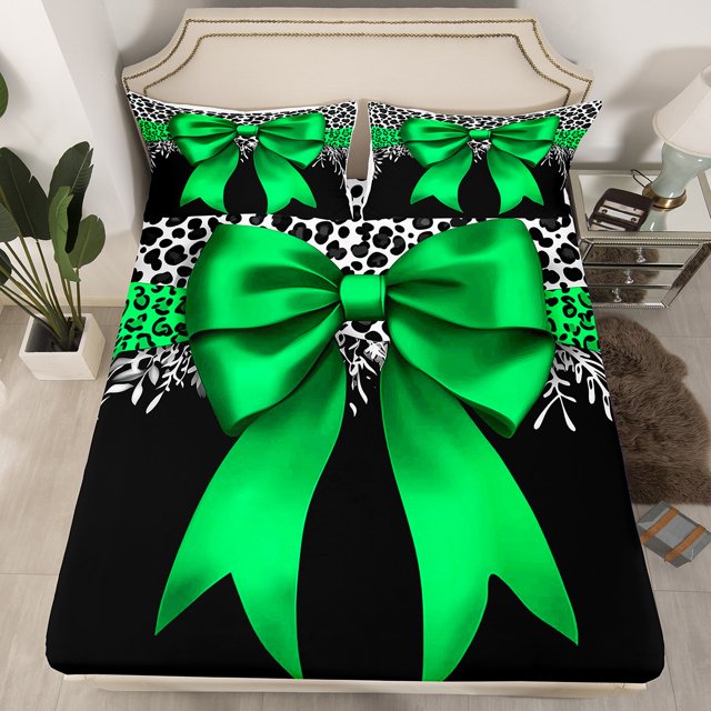 Erosebridal Cartoon Bow-tie Fitted Sheet Queen, Princess Ribbon Fitted Sheet Set Queen, Black Cheetah Print Decor,(No Top Sheet)