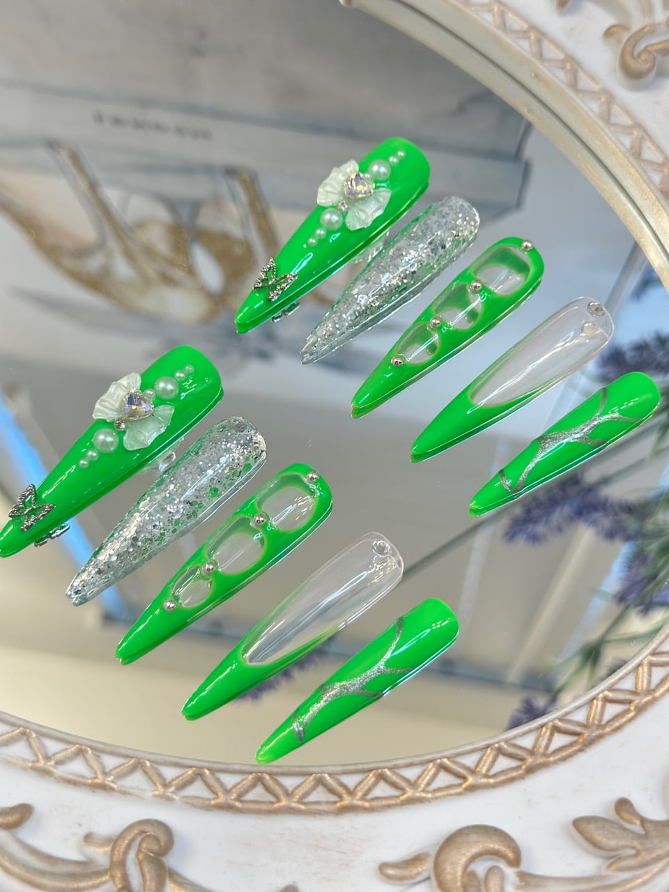 10PCS Neon Green Transparent Stiletto Press-On Nails with 3D Rhinestones & Glitter Extra Long Sculpted Design