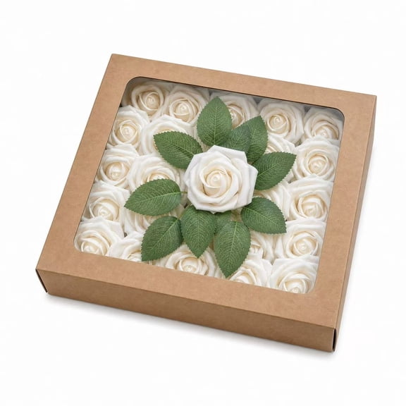 25Pcs Champagne Artificial Rose Flowers, Real Touch Foam Roses with Stems & Leaves, Bulk Fake Flowers for Wedding Bouquet DIY Party Home Decor