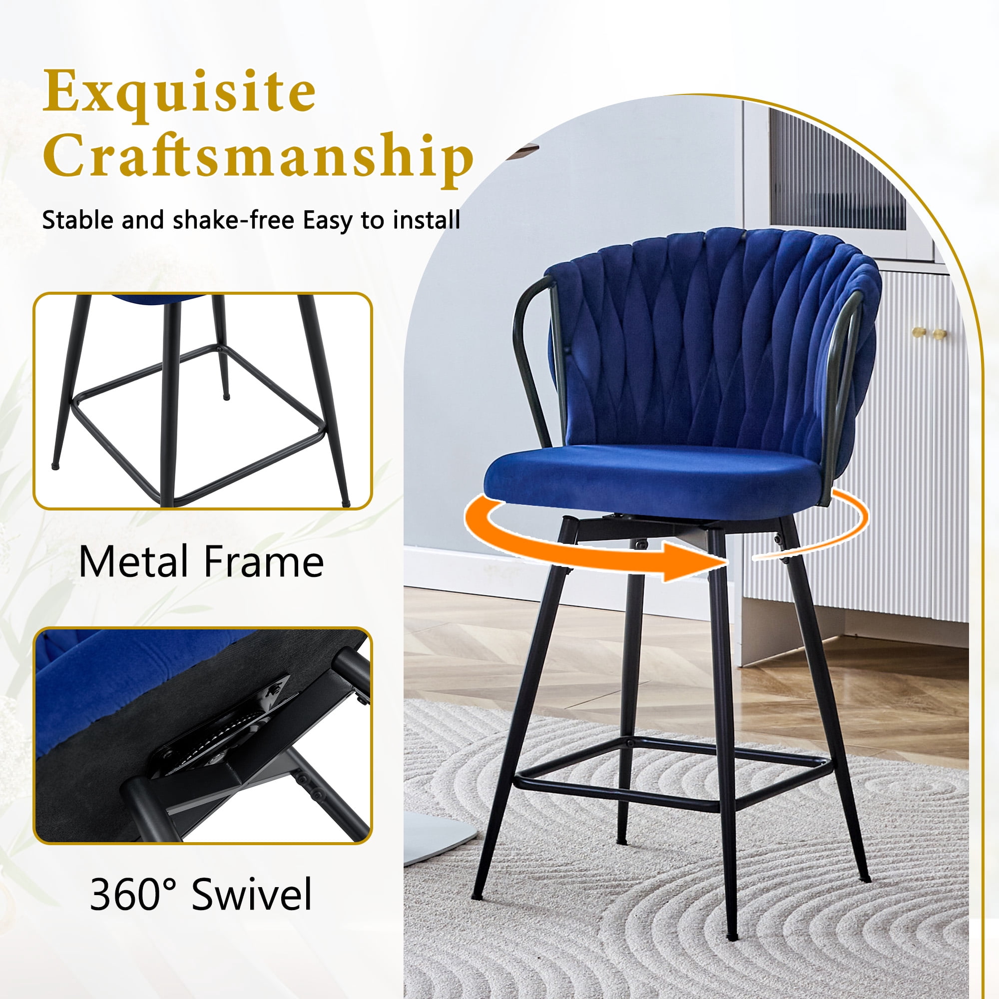 Alvantor Set of 2 Blue Velvet Braided Counter Height Bar Stools with Metal Frame