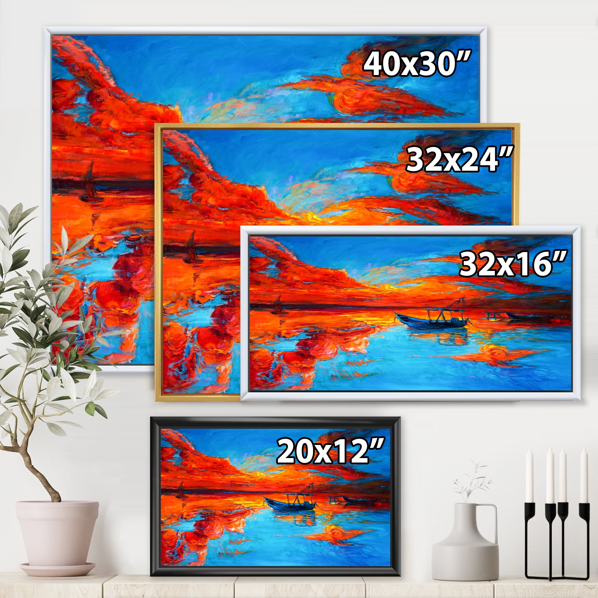 Boats During Warm Sunset Resting On The Water VI 20 in x 12 in Framed Painting Canvas Art Print, by Designart