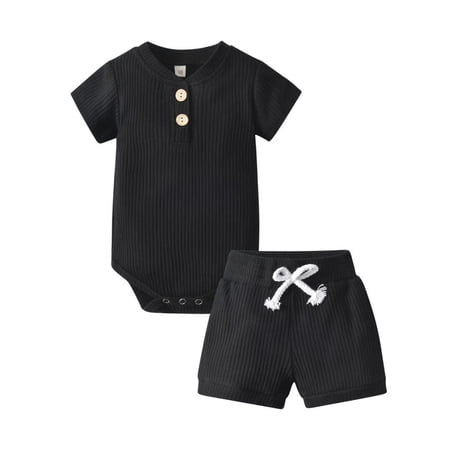 Newborn Baby Boy Clothes Solid Ribbed Knitted Cotton Short Sleeve Romper and Shorts Summer Outfits Black 0-3 Months