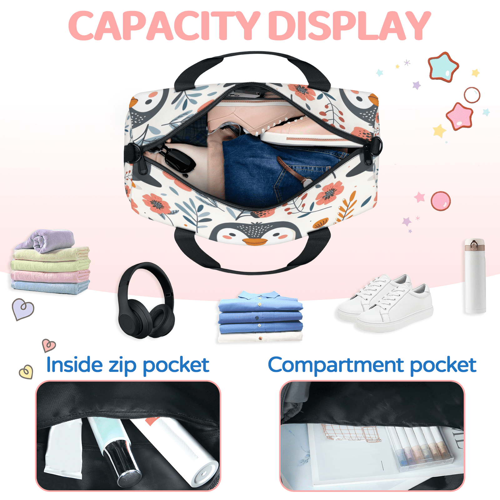 Herdesigns Penguin Travel Duffle Bag Sports Yoga Weekender Overnight Carry on Workout Bags Lightweight Waterproof Gym Tote Bag for Women Flower
