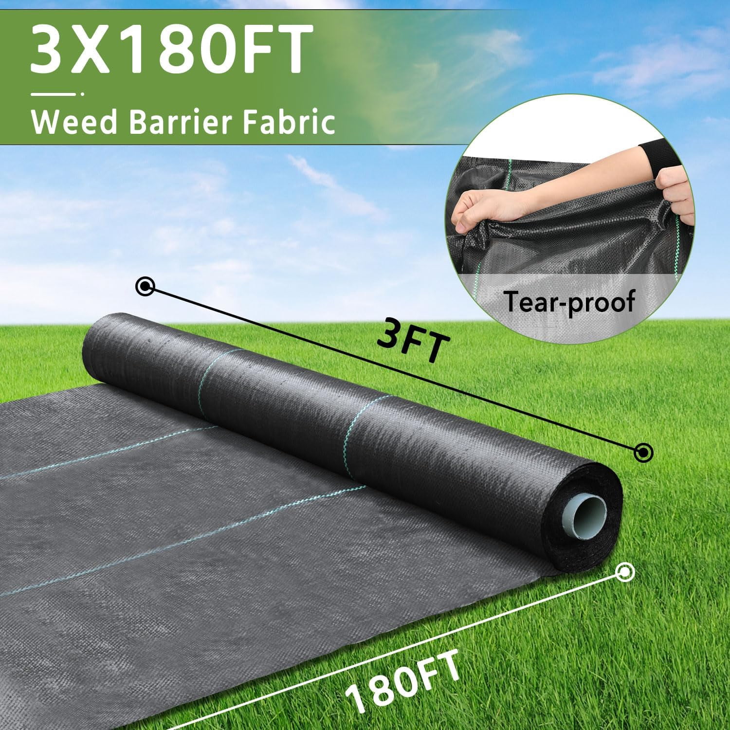 Weed Barrier Fabric 3x180FT Landscape Fabric 3.2oz Weed Barrier Fabric Heavy Duty for Landscaping Fabric Garden Fabric Weed Barrier Weed Blocker Garden Bed Cover, Commercial Driveway