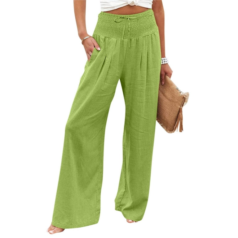 TQWQT Linen Pants for Women Summer High Waisted Cotton Linen Palazzo Pants  Wide Leg Long Lounge Pant Trousers,Green XXXL 