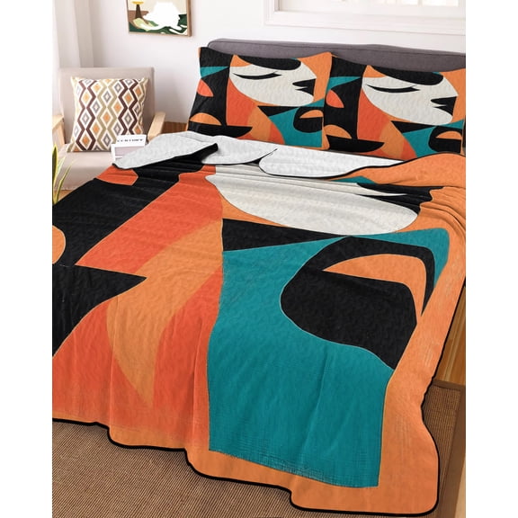 Color Block King Size Down Alternative Comforter, Lightweight Comforter Quilt Bedding Set with Pillow Shams Orange Teal Black Contemporary Abstract All Seasons Bed Comforter Duvet Insert 96"x106"