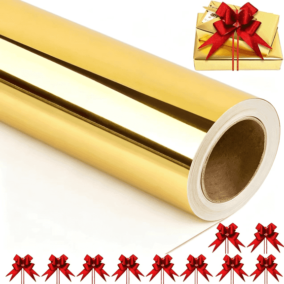 XWYUNDA Gold Metallic Wrapping Paper Roll, 17" x 33ft Solid Gift Wrap with 10 Red Pull Bows, for Christmas, Wedding, Birthday, Baby Shower & Holiday Presents