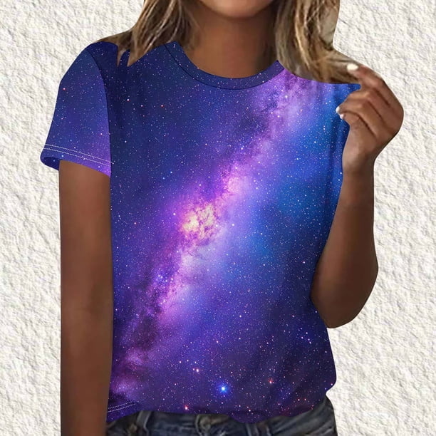 TaTaai Women's Galaxy Print Top Short Sleeve Crew Neck Pullover Loose Fit Casual Summer Chic T-Shirt Blouse Daily Party Weekend Gift