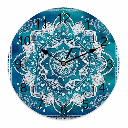 Silent Wall Clocks Battery Operated, Boho Retro Round Decorative Wall Clock for Living Room Bedroom Kitchen Bathroom Classroom Decor, 12 Inch Ethnic Tribal Floral Pattern Teal