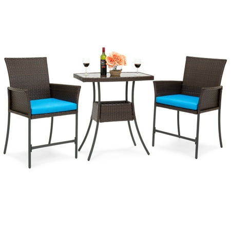 Bistro Set Resin Wicker Best Choice Products Outdoor 3-Piece Patio Wicker Bistro Set with Glass Table Top and Removable Cushions, Brown ()