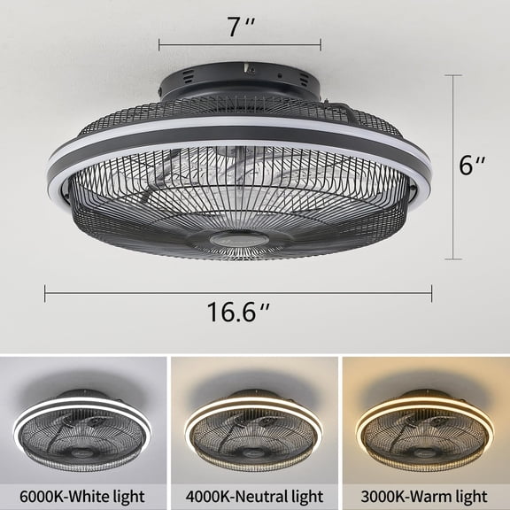 Modern Black Bladeless Ceiling Fan with RGB Lights, Remote APP Voice Control for Bedroom Kitchen