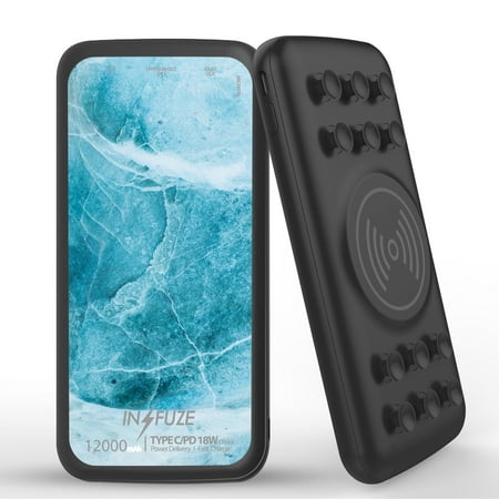

INFUZE Qi Wireless Portable Charger for Samsung Galaxy A52 5G External Battery (12000 mAh 18W Power Delivery USB-C/USB-A 3.0 Ports Suction Cups) with Touch Tool - Blue Marble