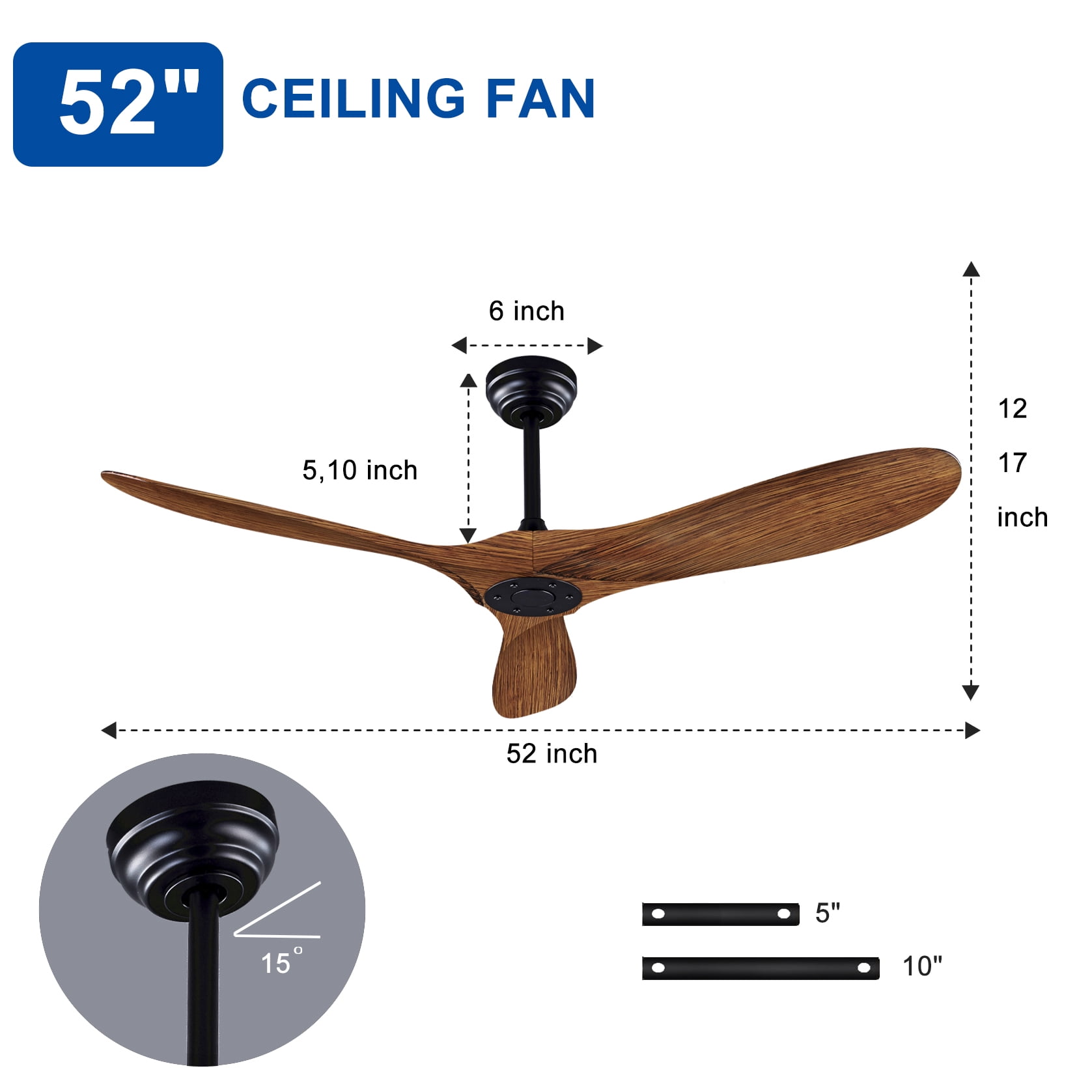 Mintazer 52 in Ceiling Fan with Lights and Remote, Modern Ceiling Fan with 6 Speed & 3 Blade for Farmhouse Bedroom Living Room Gazebo Patio, Brown