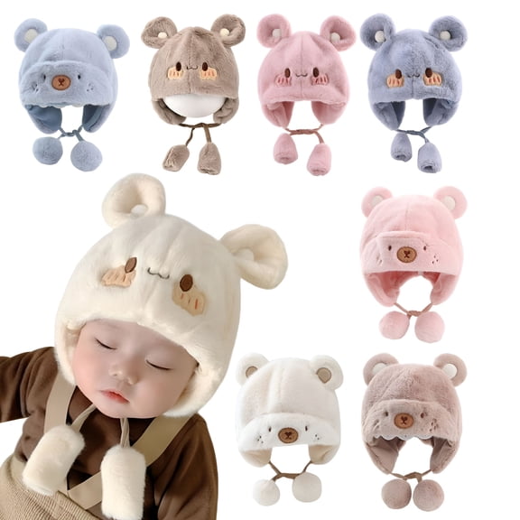 TELOLY Cute Baby Boys Girls Winter Hats Bear Ears Earmuffs Cap with Soft Balls, Fleece Warm Hemming Caps