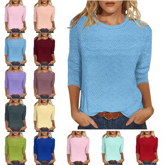 Zysthvn Summer Tops for Women 3/4 Sleeve Casual Tshirts for Women Loose Fit Lightweight Solid Crew Neck