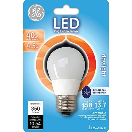 GE LED 4.5W Daylight Ceiling Fan Light Bulb. A15 White - Walmart.com GE LED 4.5W Daylight Ceiling Fan Light Bulb. A15 White - Walmart.com