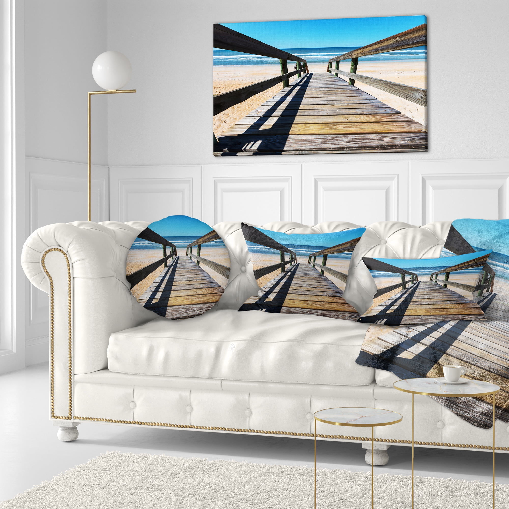 Designart Long Boardwalk into Blue Seashore - Seashore Throw Pillow - 12x20