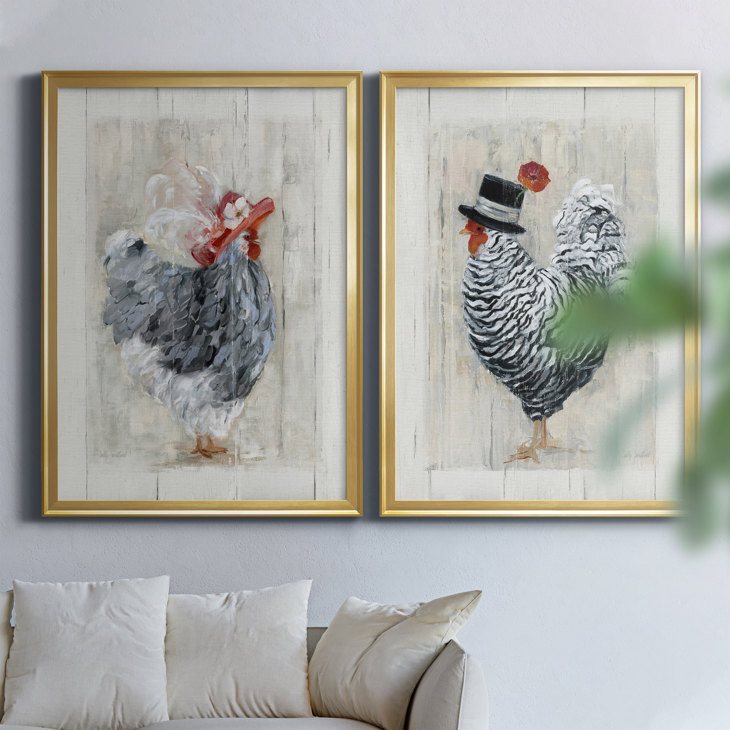 2 Piece Set Sunday Best Hen Premium Framed Canvas - Ready to Hang - 26.5 x 36.5 Each - Gold Frame