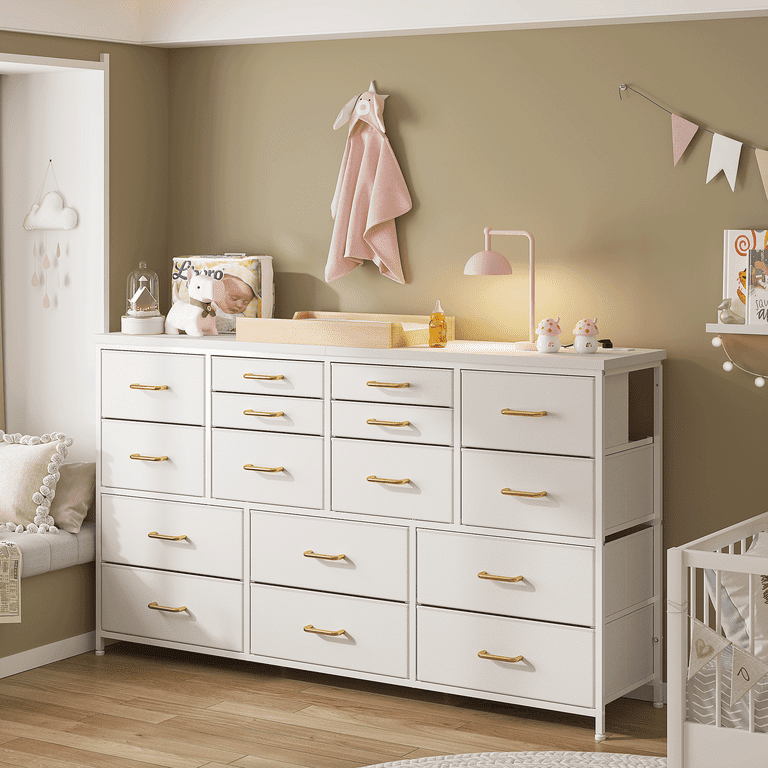 Enhomee Wide Dresser with 16 Drawers TV Stand with Power Outlet White Dresser for Bedroom Fabric Dresser TV Stands for living Room/Bedroom,51.1 inchW*