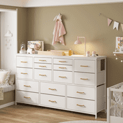 EnHomee Wide Dresser with 16 Drawers TV Stand with Power Outlet White Dresser for Bedroom Fabric Dresser TV Stands for living Room/Bedroom,51.1W*11.8D*34.8H