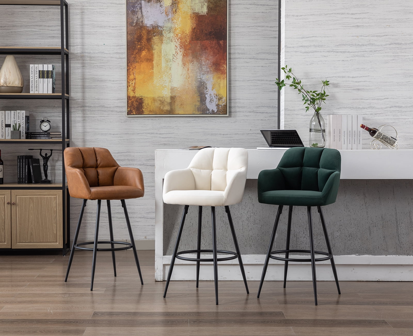 Guyou Modern 30"Counter Height Stool Set of 2, Faux Leather Upholstered Bar Stool Island Stool with Backrest and Metal Base for Kitchen Island Restaurant Bar, Brown