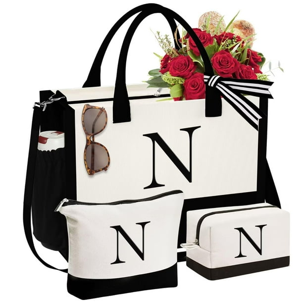YOOLIFE Bolsa de lona con inicial y bolsa de maquillaje, regalos de cumpleaños personalizados para mujeres, mamá, hija, hermana, amigas, maestra, regalos de boda para dama de honor