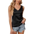 thumbnail image 1 of Women Summer Sleeveless Sexy Double V-Neck Tank Top Casual Loose Fit Basic Solid Color Satin Camisole Blouses T-Shirts champagne XXL, 1 of 5