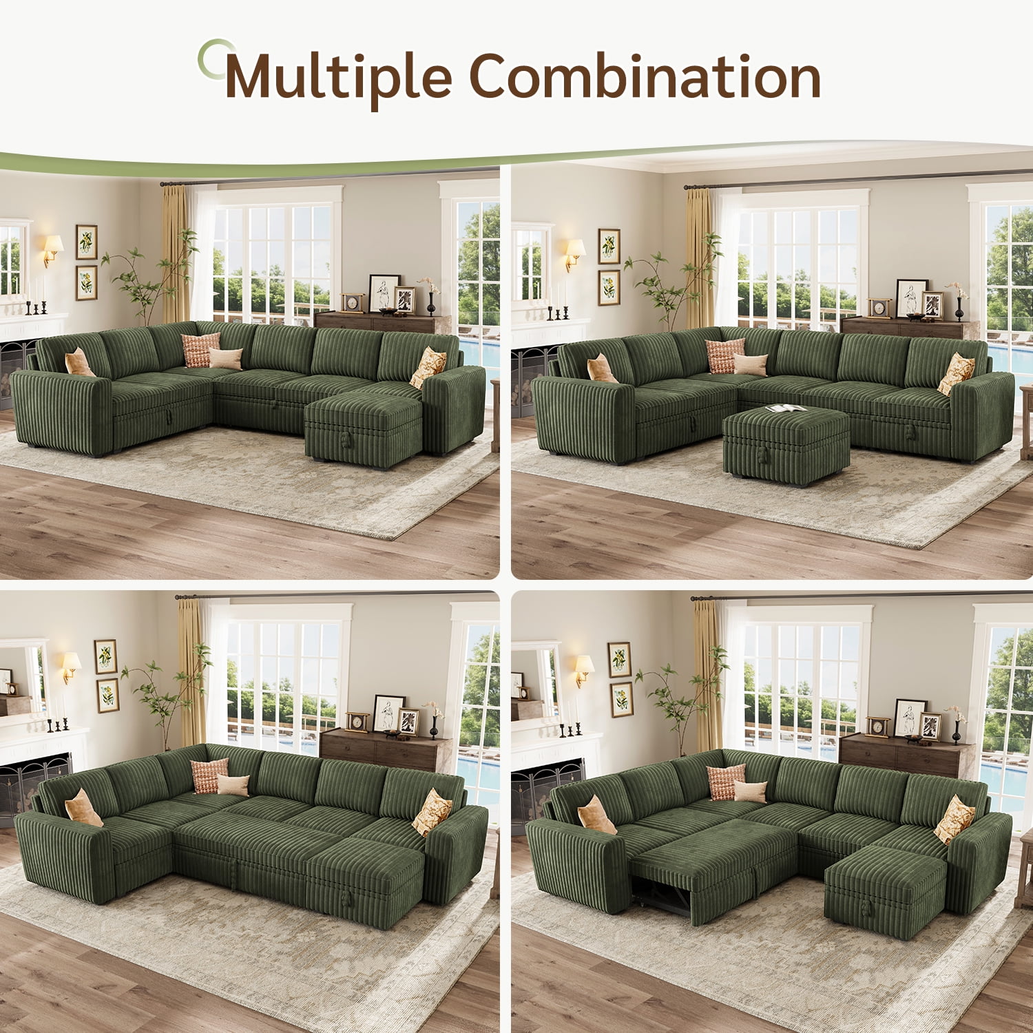 Marrber 106" U-Shaped Sectional Sleeper Sofa, 7-Seater Modular with Pull-Out Bed & Hidden Storage, Pet-Friendly Corduroy Fabric, Green