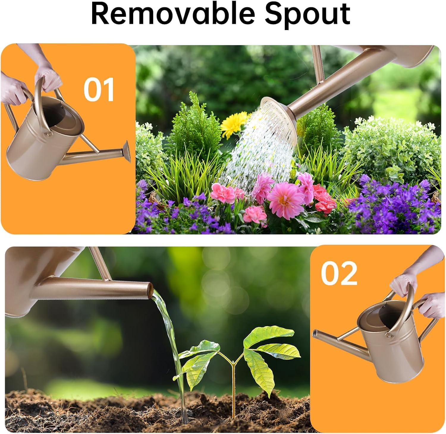 Metal Watering Can for Outdoor Plants, Galvanized Steel Watering Can with Removable spout, 1 Gallon,Perfect Home & Garden Decor Gold