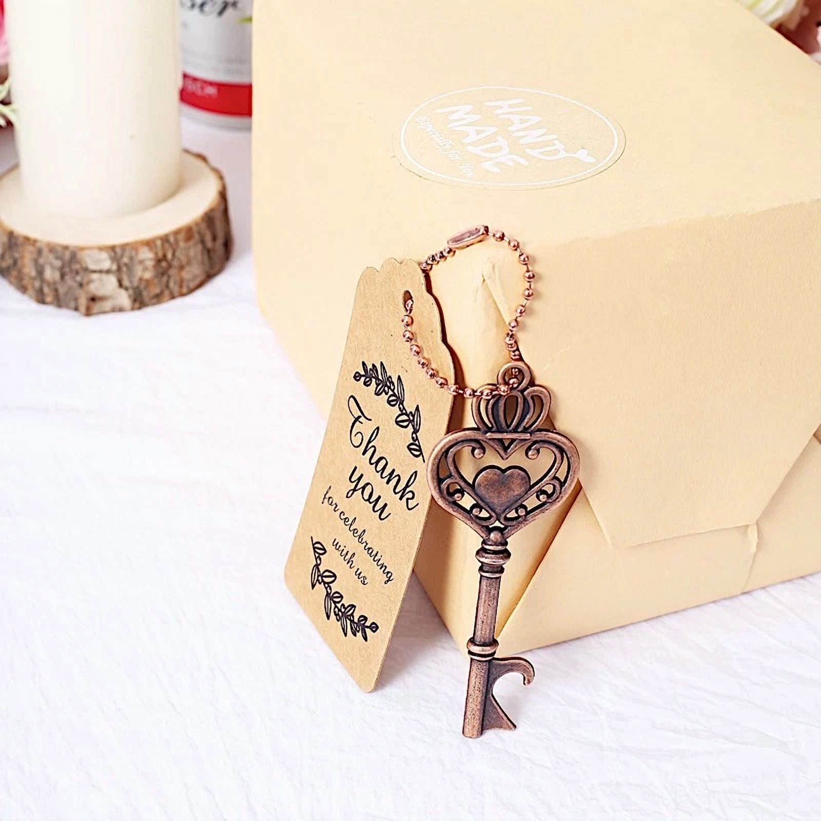 10 Antique Gold Metal Skeleton Key Bottle Openers Chains Tags Gift Set Party