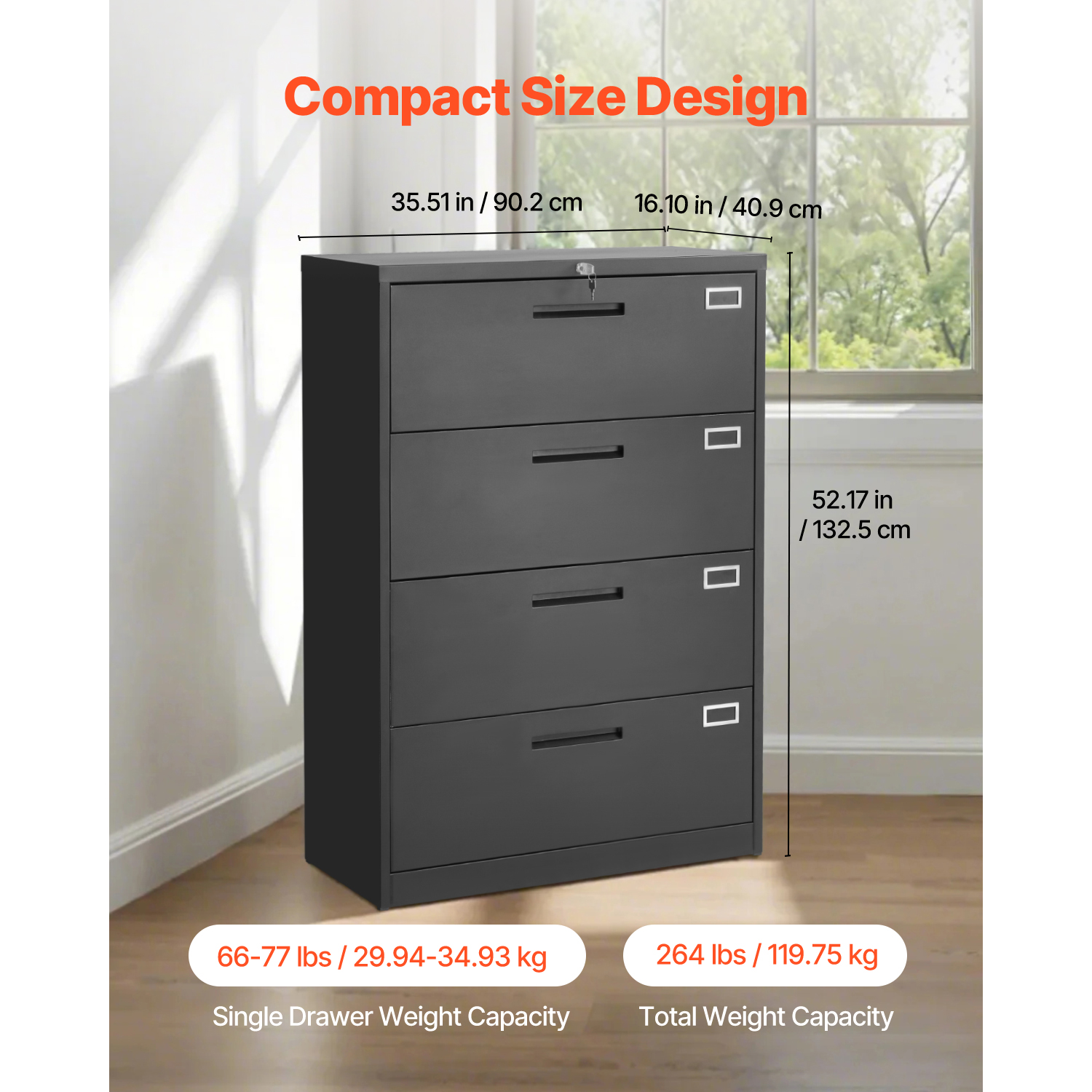 KFFKFF 4-Drawer Metal File Cabinet with Lock, Vertical Filing Storage Unit for Home and Office, Adjustable Hanging Rods for Letter, A4, and Legal Files, Easy to Assemble, Black