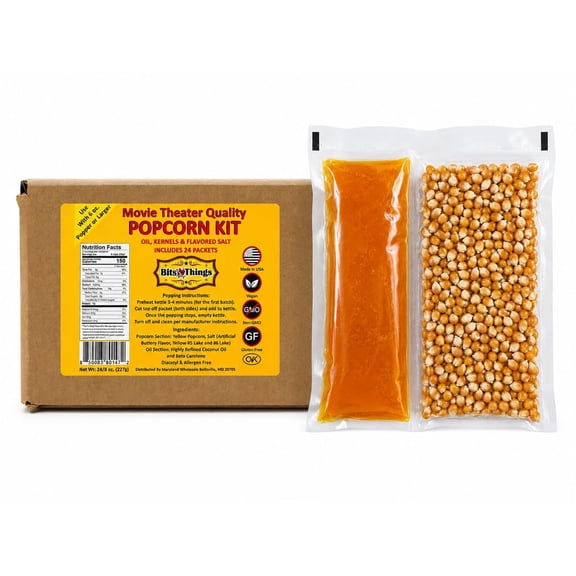 Home Theater Popcorn Kit 8 oz, Pack of 24 - Movie Theater Style Popcorn Portion Packs - For 6 oz Popcorn Machines & Poppers - Pre-Measured Ingredients, Made in USA - Bits N Things