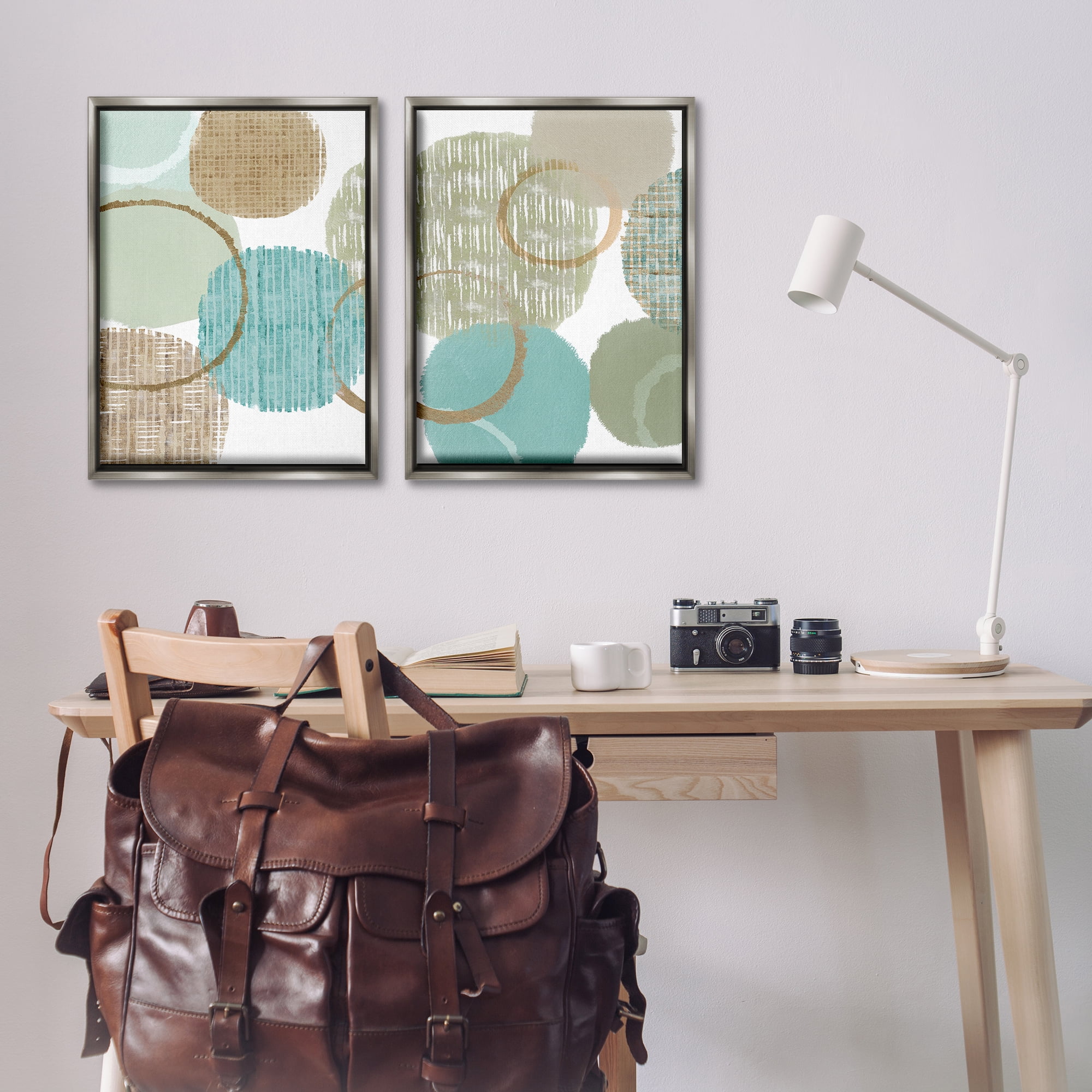 Stupell Industries Textured Layered Aqua Circles Abstract Painting Gray Floater Framed Canvas Art Print Wall Art, 21 x 31, Set of 2