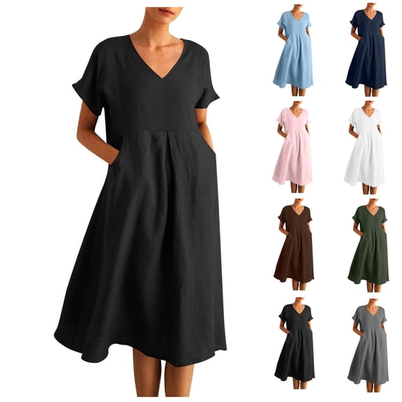 Bixock Women's Summer Dresses Solid Color V Neck Short Sleeve Side Pocket Midi Dress High Waist A Line Shirt Casual Loose Beach Vaction Dress