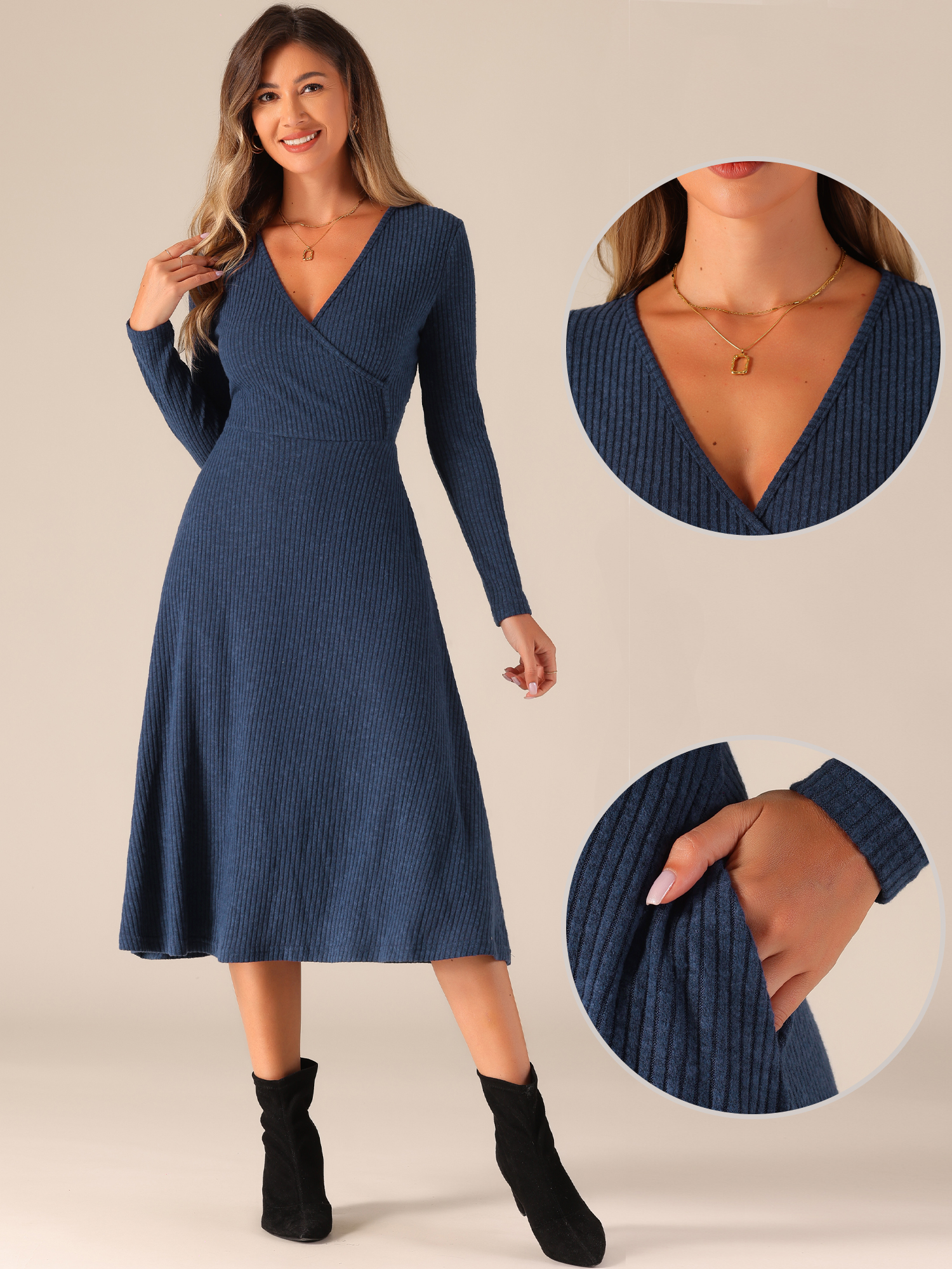 DARING DIVA Knit Ribbed Midi Deep V Wrap A-Line Dress S Navy Blue