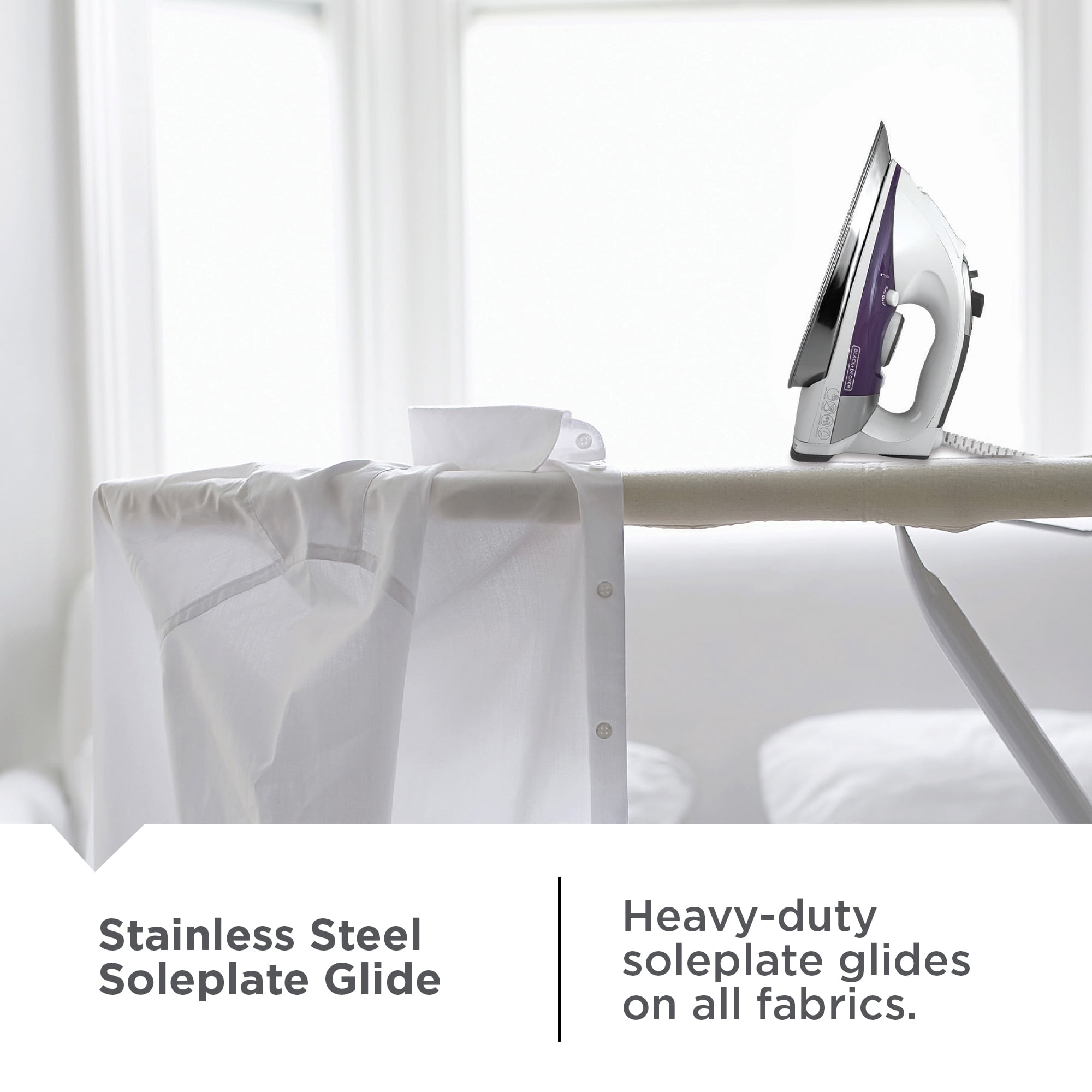 BLACK+DECKER Steam Iron for Clothes, 1500W, Stainless Steel Soleplate, Auto Shut-Off, Self-Cleaning, 10ft Cord, White