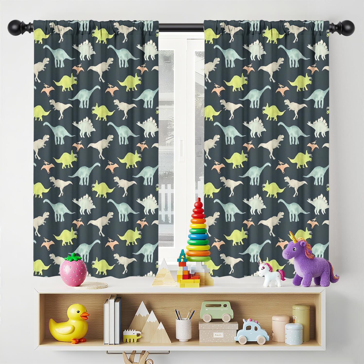 Blackout Kids Curtains,Dark Watercolor Dinosaur Pattern Childrens Insulated Curtains Set Of 2,Bedroom Essentials,Toddler Room Decor 42"x54"