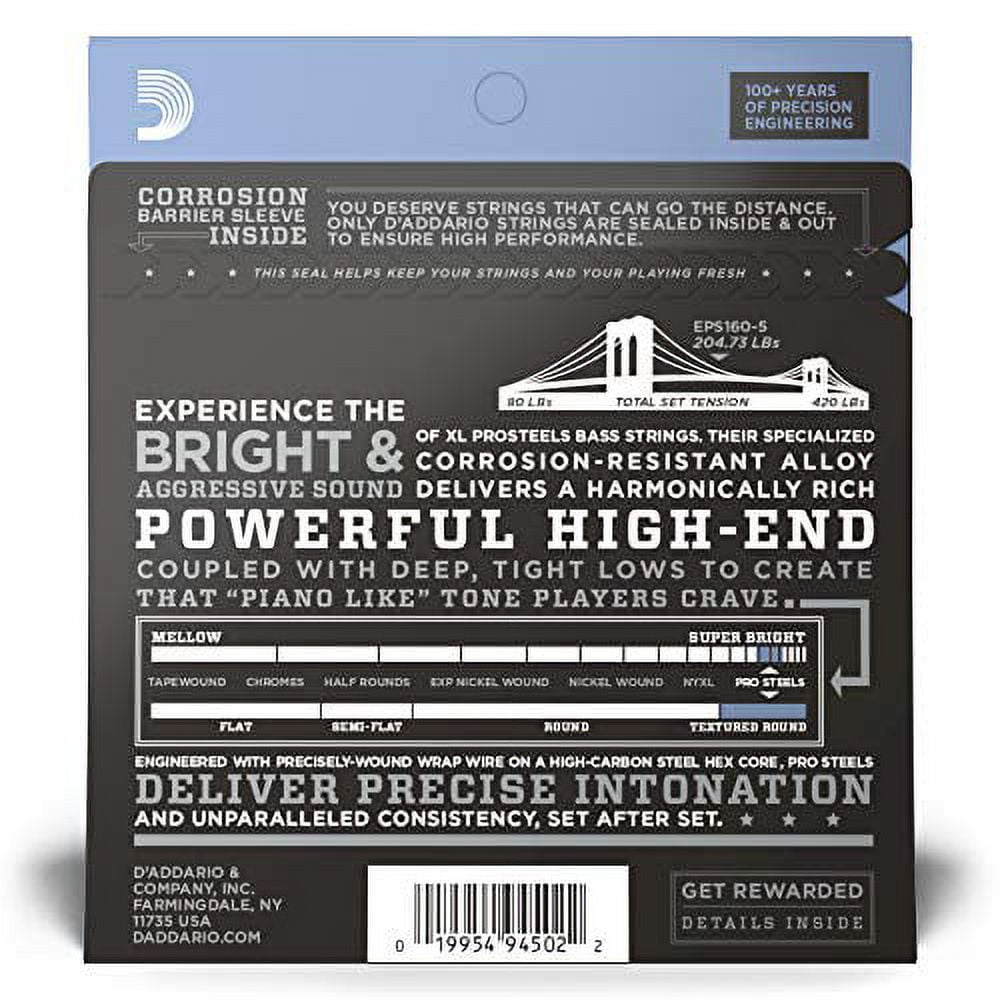 D'Addario EPS165-5 5-String ProSteels Bass Guitar Strings, Custom Light, 45-135, Long Scale