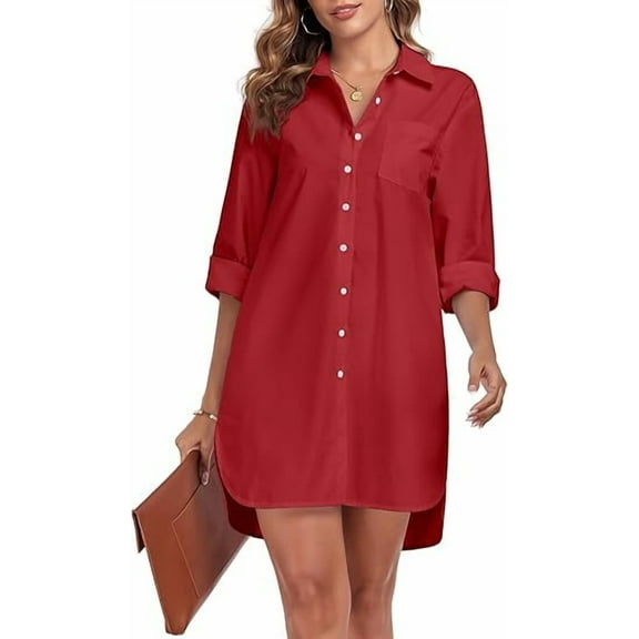 FIOPHY Women's Button Down Shirt Dress with Pockets Oversize Collared Long Sleeve High Low Tunic Dresses Blouse, Red, L