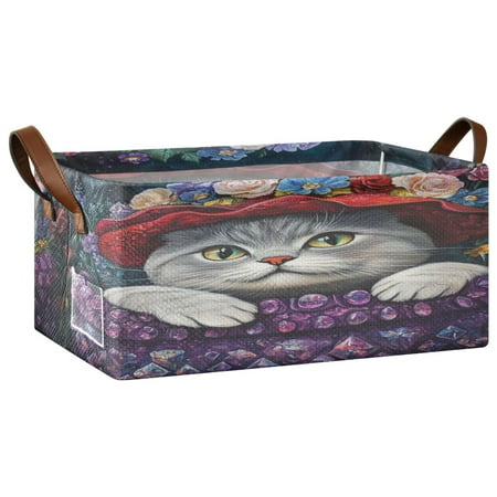 Wobogo Cute Cat Wearing Wreath Storage Basket Soccer Plaid Fabric Oversized Collapsible Hoard Box with Metal Iron Frame 16.9×11.4×7.7in