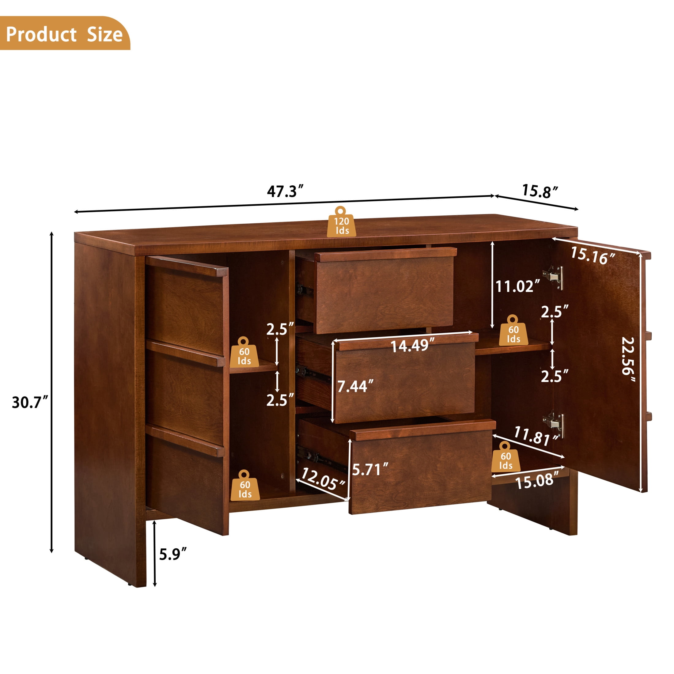 GDF Studio 47.3-Inch Sideboard Buffet Cabinet with 2 Doors, Drawers & Adjustable Shelves, Walnut