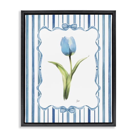 Stupell Industries Cottage Single Blue Tulip Stripes Black Floating Frame Canvas Art, 17 x 21, by Nan