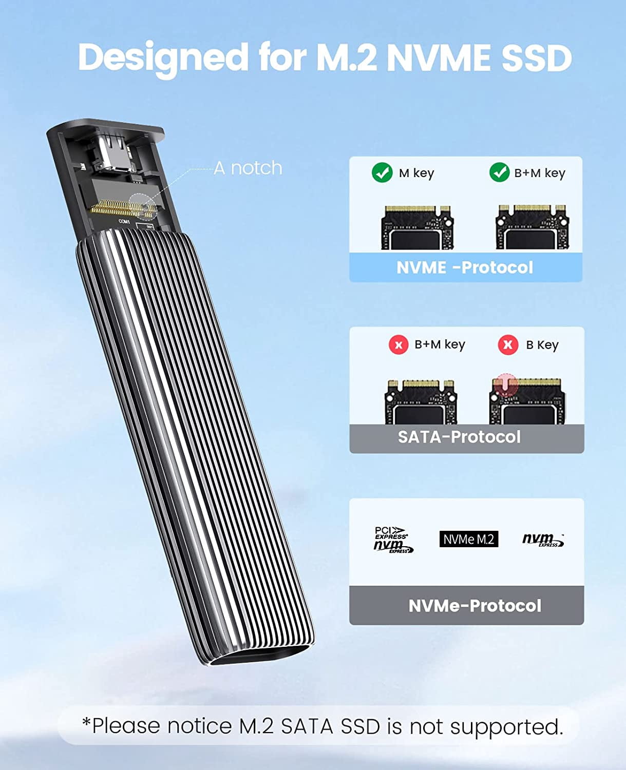 ORICO m.2 NVME SSD Enclosure 10Gbps USB3.2 USB-C M2 Aluminum External Hard Drive Case for m.2 PCIe NVMe M-Key 2230/2242/2260/2280 SSD,Support UASP Trim