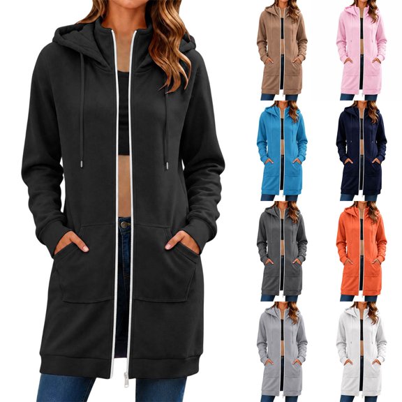 Solid Color Vintage Hoodies Longline Relaxed Full Zip Fall Tops Long Sleeve Fashion Clothes Adjustable Drawstring Hood Large Front Patch Pockets Sweatshirts Black,L