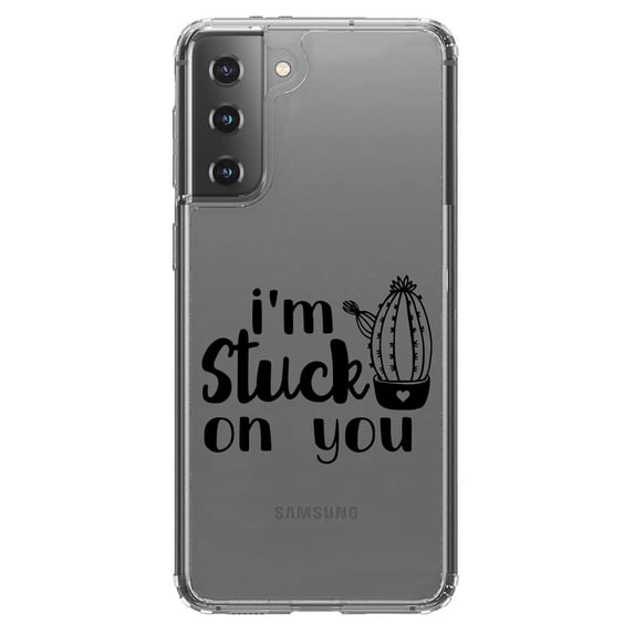 DistinctInk Clear Shockproof Hybrid Case for Galaxy S21 5G (6.2" Screen) - TPU Bumper Acrylic Back Tempered Glass Screen Protector - I'm Stuck On You Cactus