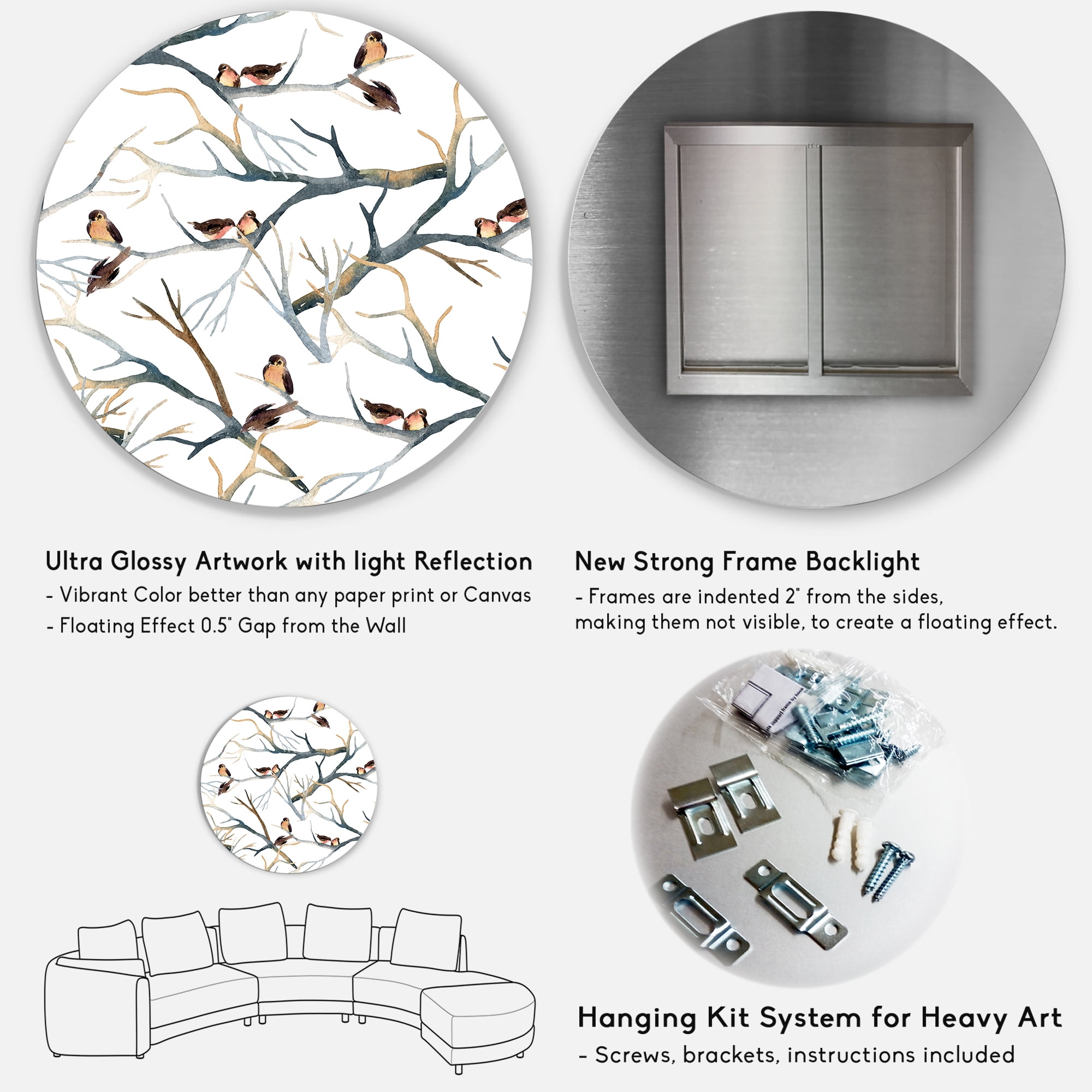 Designart 'Little Birds Sitting On The Tree Branches I' Traditional Circle Metal Wall Art 36x36 - Disc of 36