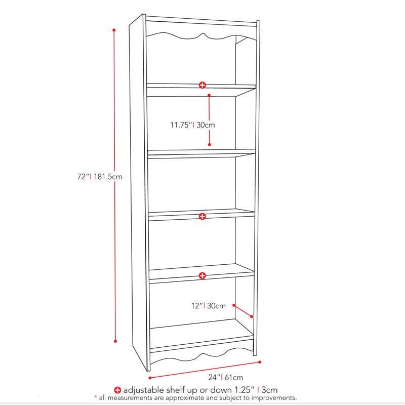CorLiving Hawthorne Engineered Wood 5 Shelf Adult Bookcase with 4 Adjustable Shelves
