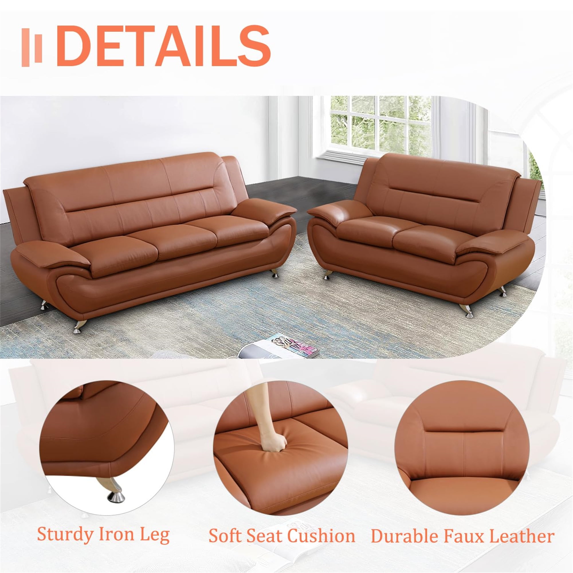 Aukfa 3 Piece Sofa Set - 46" Wide Upholstered Sofa Couch Armchair, Leather, Orange